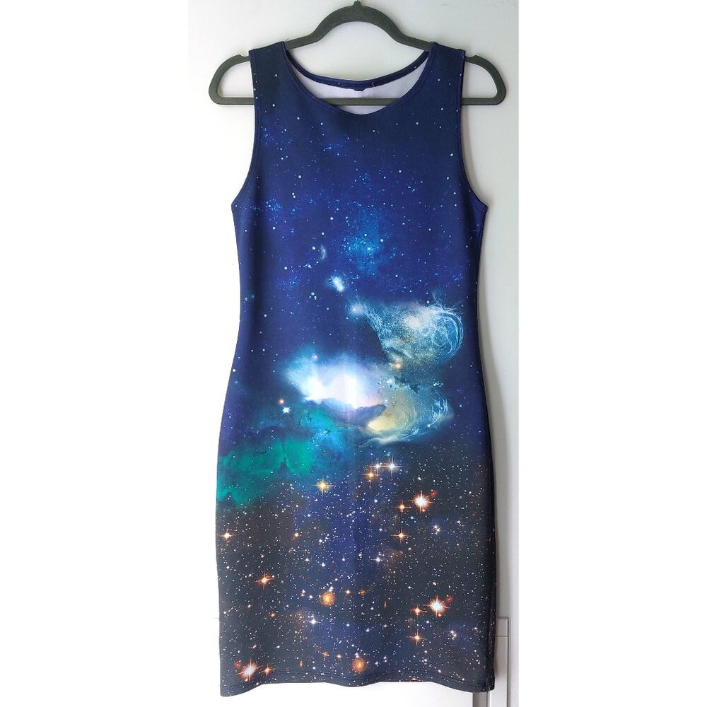 Pullover Dress Galaxy Space Cosmic Graphic Print Blue Knee-Length S/M Sky Stars